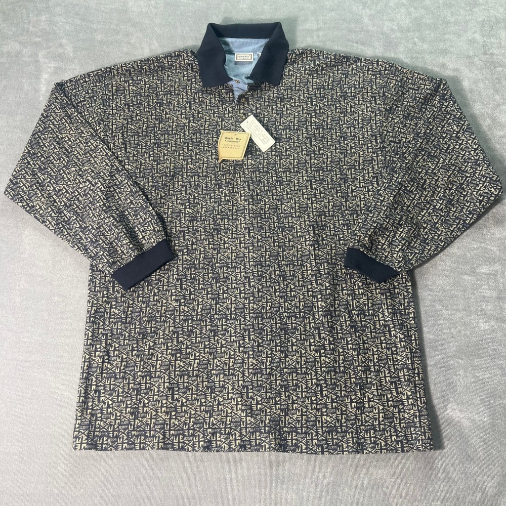 NWT Bugle Boy Shirt‎ Mens XL Vintage Blue Geometric Long Sleeve Polo Shirt